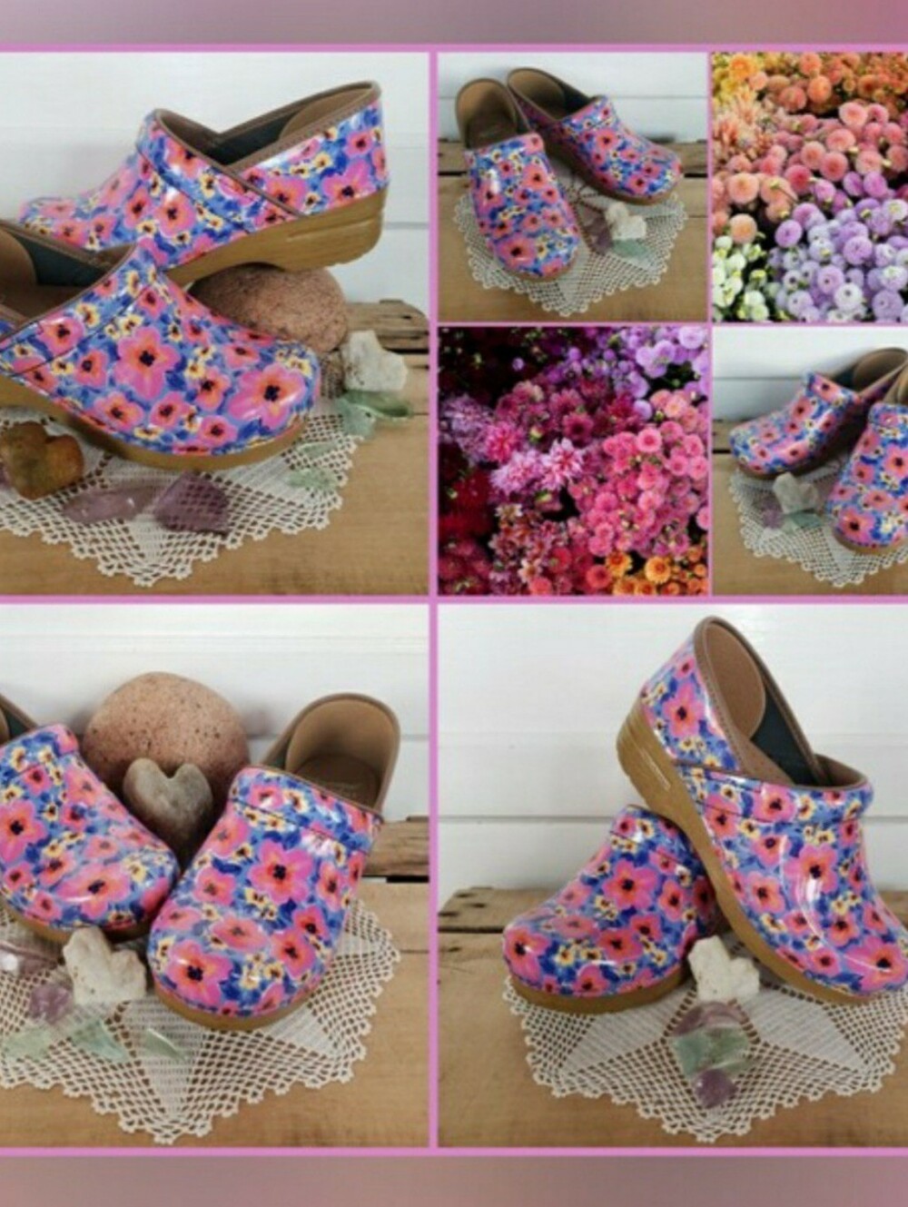 Floral Dansko Pro Clogs Patent Leather Glossy Pink Purple Spring Boho Bloom🌸🌿